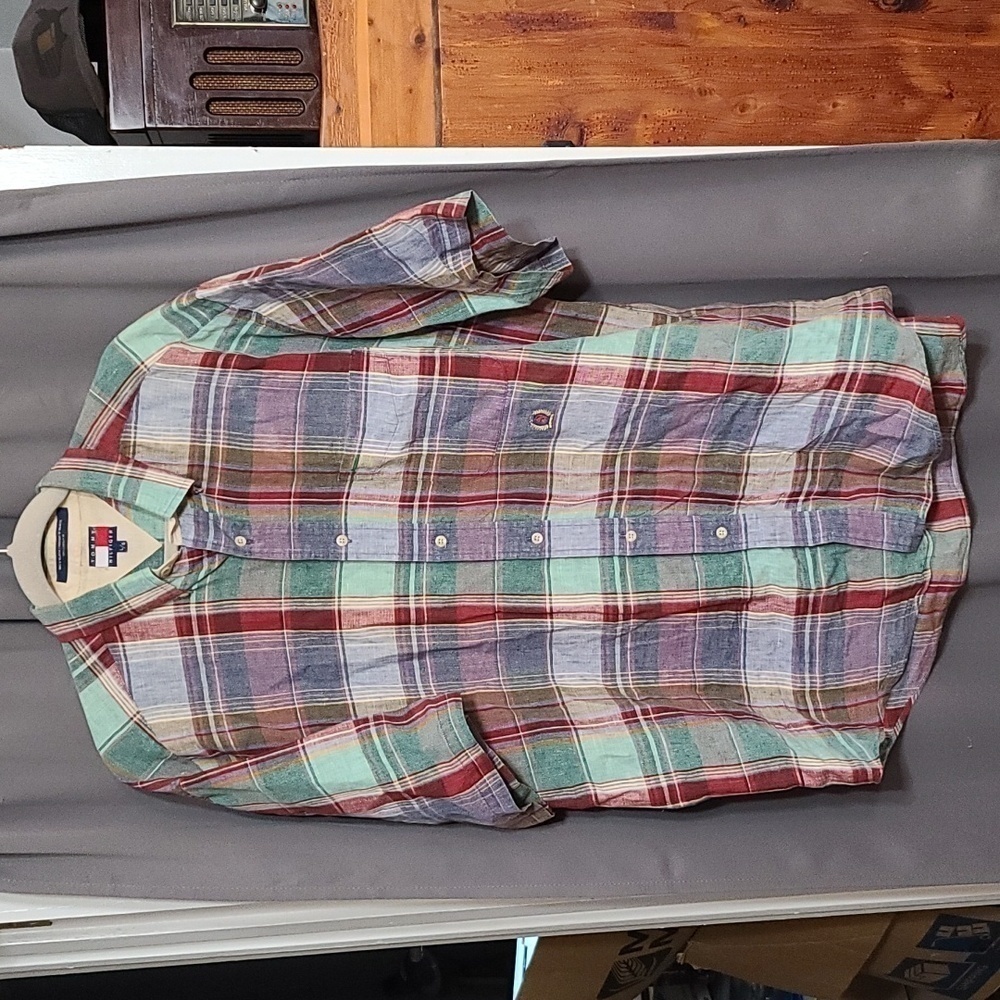 Tommy Hilfiger Mens Linen Shirt Button Down Colorful Plaid Pocket Size L EUC